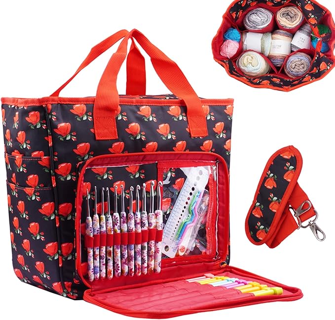 Mdoker Knitting Bags and Totes Organizers Large Crochet Bag Lightweight Yarn Bags for Travel Yarn Storage Organizers for Crochet Hooks,Yarn,Knitting & Crochet Supplies(Red Rose)