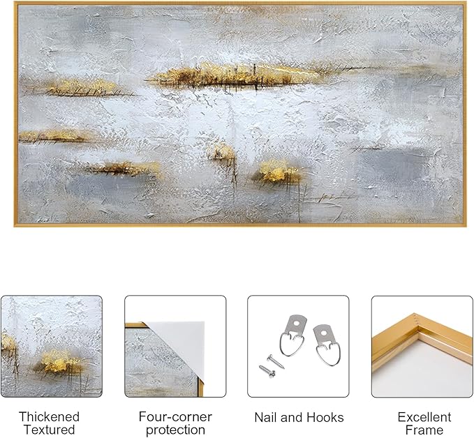 Large Size 100% Hand Painted Abstract Oil Painting Framed Original Handmade Heavy Textured Wall Painting Modern Warm Color Canvas Wall Art Home Wall Decor for Bedroom Office Ready to Hang 48x24 inch