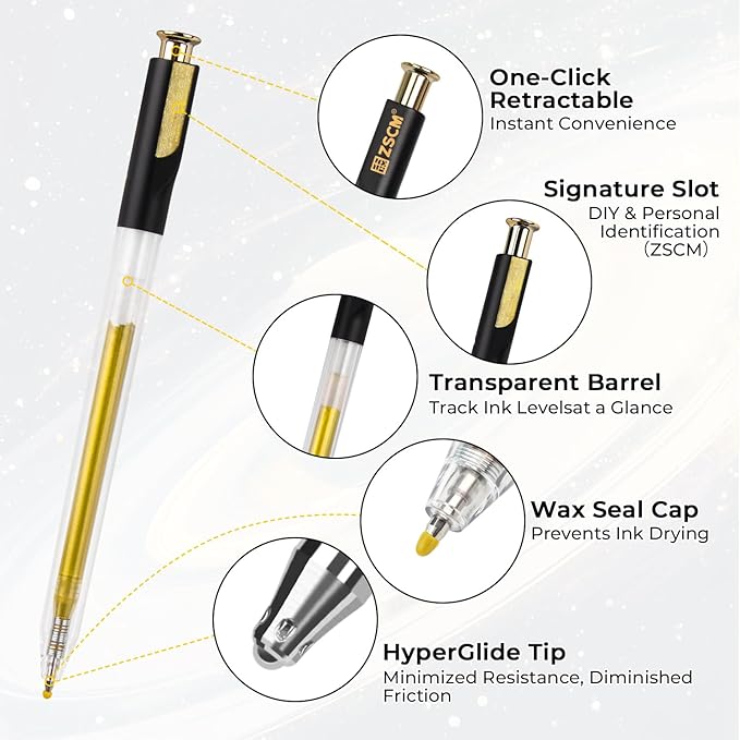 Retractable White Gold Silver Gel Pen, 7 Nib Sizes - Precision Large Capacity Opaque Archival Gel Ink Pens, Fine Point Smooth Writing Highlighter Pens for Black Paper Note Taking Art Supplies