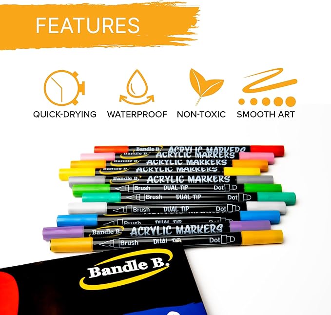 Bandle B. Acrylic Paint Markers – Set of 24 Dual Tip Paint Pens with Dot and Brush Tip for Art, Rock Painting, Coloring, Journaling, Wood, Glass, Canvas and DIY Crafts