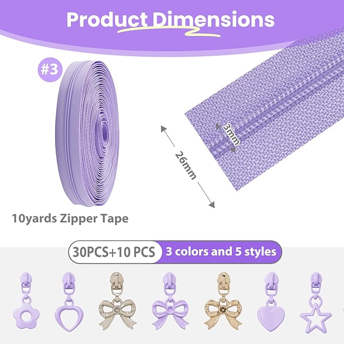 Mylbeter #3 Nylon Coil Zippers by The Yards Purple Bulk Zippers 10 Yards with 40PCS Sliders Continuous Zipper Tape for DIY Bag Clothing Sewing Crafts Gold Pull Sliver Slider Zipper for Bags and Purses