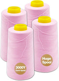 Pink Serger Thread, All-Purpose Thread for Sewing, Polyester, 4 Cones of 3000 Yards Each Spool for Sewing Machine
