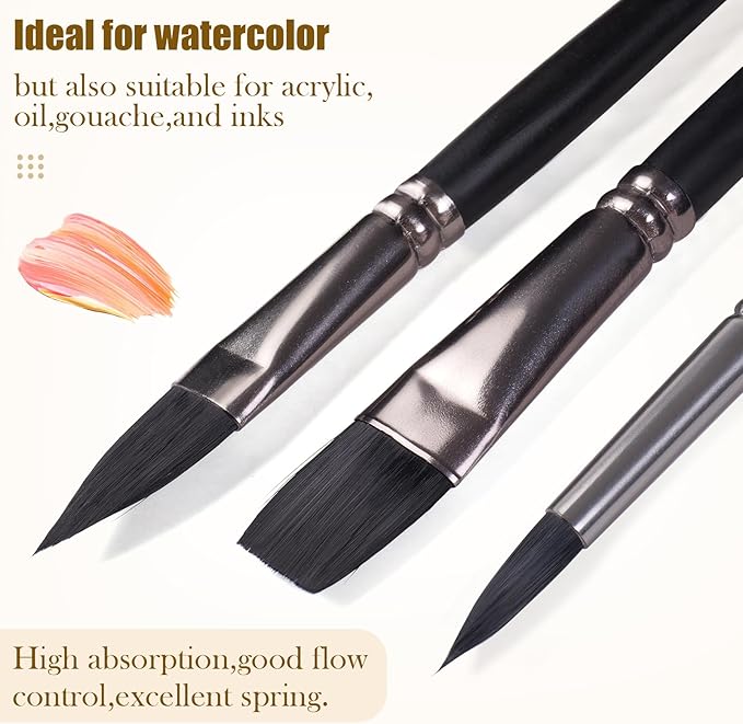 Watercolor Paint Brush Set,12Pcs Professional Paint Brushes for Acrylic Painting,Soft Synthetic Fine Hair Oil Paint Brushes,Flat,Round, Cat's Tongue,Liner for Detail Painting and Art Painting