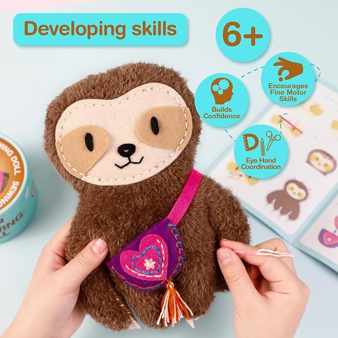 Avenir My First Sewing Kit for Beginner Ages 6+ I Premium Plush Big DIY Animals I Child-Safe Tools for Easy Crafting Fun I Motor Skills & Wiggle Stuff Stitching Creativity I Skill Gift for Boys & Girl