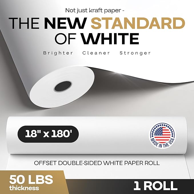 Extra White Offset Kraft Paper Roll 18" x 2160" (180 ft) – USA-Made 50lb Premium Eco Paper, Brighter-Than-Standard White – Ideal for Packing, Wrapping, Arts & Crafts, School Projects by IDL Packaging