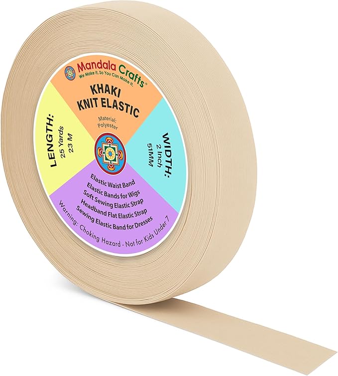 Mandala Crafts Wide 2 Inch Khaki Elastic Bands Spool for Pants Waistbands Sewing and DIY Crafts, 25 YD Stretchy Flat Fabric Strap Knit Elastic Band for Wig