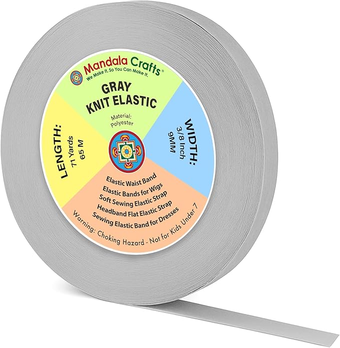 Mandala Crafts Wide 3/8 Inch Gray Elastic Bands Spool for Pants Waistbands Sewing and DIY Crafts, 71 YD Stretchy Flat Fabric Strap Knit Elastic Band for Wig