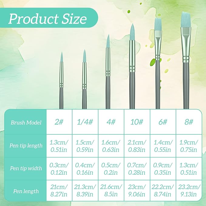 6 Pcs Nylon Hair Brushes for Paint by Number, Acrylic Paints Brush Set Watercolor Brush Oil Painting Round Flat Art Paint Brushes Kit for Beginners Adults with 2/4/6/8/10/¼ Sizes(Green)