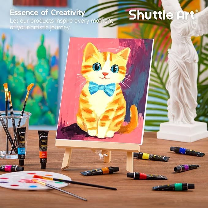 Shuttle Art 69 Pack Acrylic Paint Set, Painting Set with 2 Pack of 15 Colors Acrylic Paint, 3 Sets of Wooden Easels, Canvas, Brushes & Palettes, Art Painting Supplies for Kids Adults Beginner