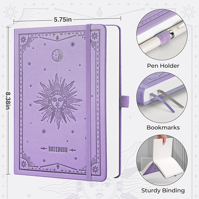 EMSHOI Bullet Dotted Journal Notebook - 320 Pages, 100gsm Thick Paper, A5 Hardcover Leather, Dot Grid Notebook for Women Men Work Writing, Bullet Journaling, Drawing, 5.75 x 8.38, Light Purple