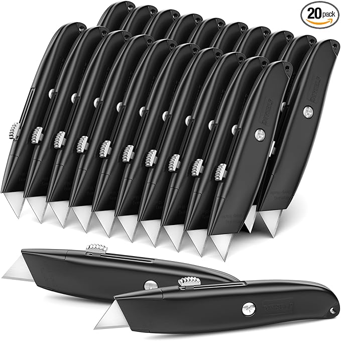 DIYSELF Utility Knife, 20 Pack Heavy Duty Box Cutter Retractable, Box Cutter Knife, Box Opener, Cardboard Cutter, Utility Knives for Garage, Home and Office, PVC Pipe Cutter(Black)