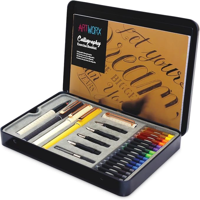 Artworx Calligraphy Pens Set - Introductory Caligraphy Writing & Hand Lettering Kit - Includes Instructions, Guide Book and Practice Book - Calligraphy Set For Beginners
