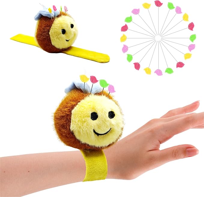 Cute Bee Wrist Pin Cushion Kit for Sewing with 50 Lovely Bird Needles,Including Threader, Thimble ＆Tape Measure for Needlework or DIY Crafts.