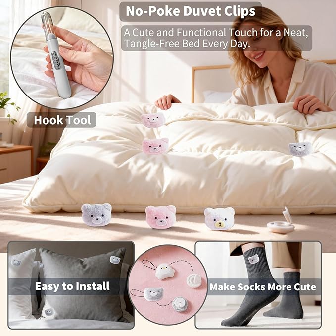 8 Pcs Duvet Clips with Pins Quilt Fixer,Non-Slip Duvet Cover Clips,Duvet Clips to Hold Comforter Inside,No Needles，Bear Pattern(Inc Hook Tool,Storage Box)(Gray)