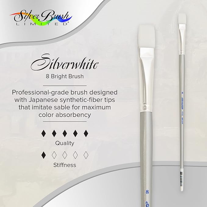 Silver Brush Limited 1502-8 Silverwhite Bright Paintbrush for Watercolor, Gouache, Inks, Dyes, Fluid, & Flow Acrylic, Size 8, Long Handle