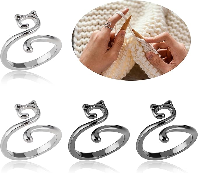 YUXIANLB 4pcs Knitting Crochet Loop Ring for Fingers Metal Open Yarn Guide Crochet Rings Adjustable Braided Faster Knitting Thimbles Holders Accessories for Crochet Mother Grandma Gifts (Cat Style)