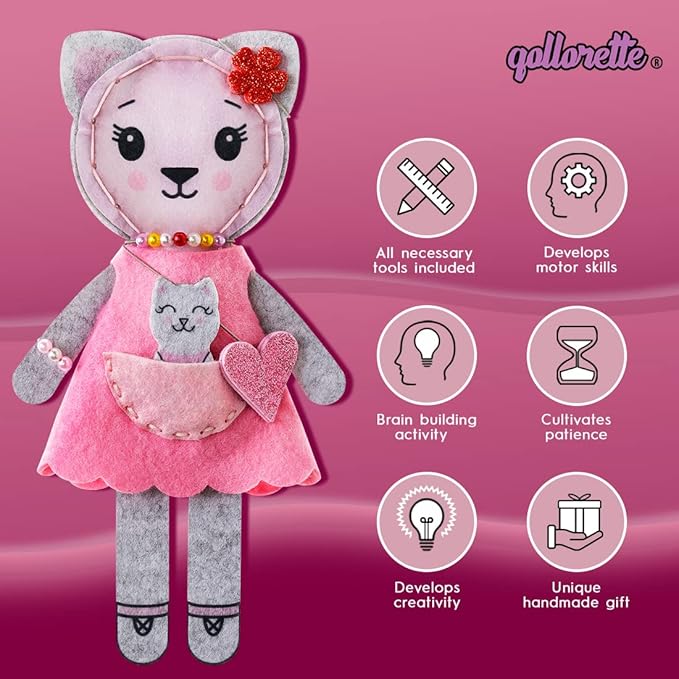 qollorette Felt Sewing Kit for Children, Make Your Own Kitty Toy, Kids' Craft Kit - Make A Friend Sew Kit - Beginner Sewing Kit for Kids, Learn to Sew & Play