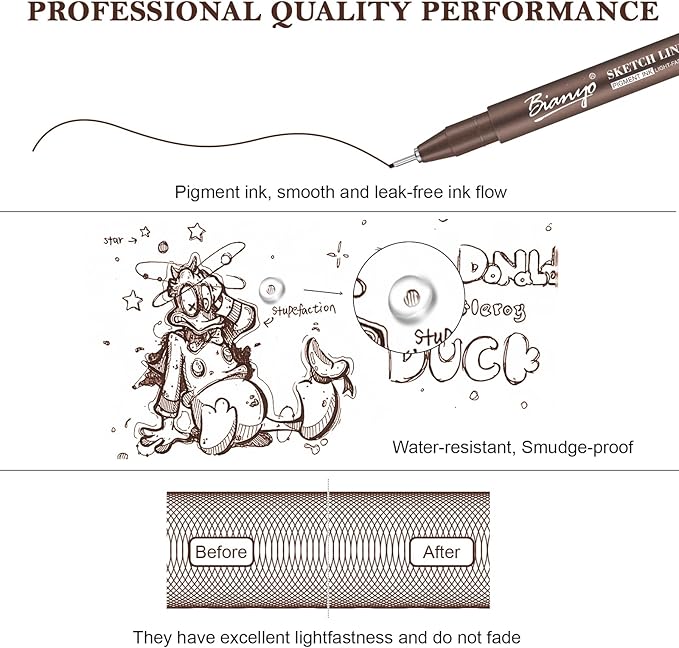 Bianyo Sepia Tone Drawing Pen Set, 12 Assorted Sizes Sketch Liner, Water-Resistant Archival and Pigment Ink Art Pens, Precision Drawing and Sketching Kit