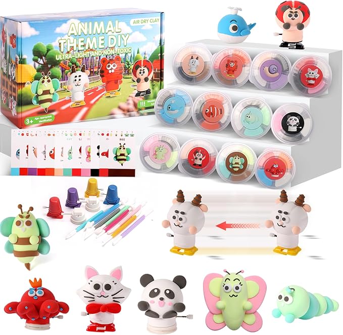 Air Dry Clay Kit -12 Animals Modeling Clay Set with 6 Movable Bases, Ultra Light & Soft, Safe Non-Stick DIY Art & Craft Kit with Sculpting Tools & Tutorials, Creative Gift for Boys & Girls