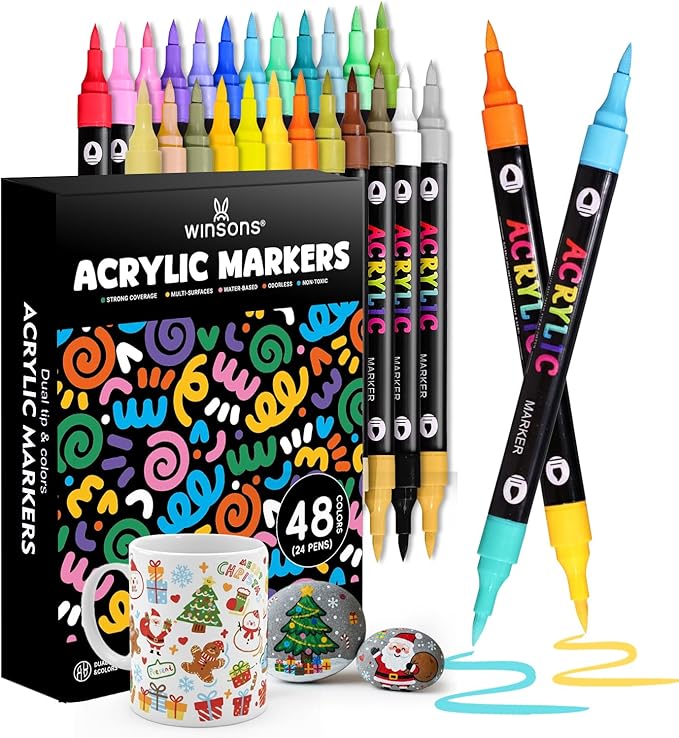 WINSONS 48 Colors Acrylic Paint Marker, Dual Tip and Dual Colors Acrylic Paint Pens for Stone, Wood, Canvas, Ceramic, Metal, Glass, Rock Painting, DIY Crafs Art Supplies (48 Colors)
