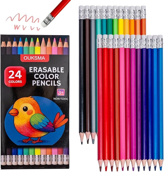 Pre-Sharpened Erasable Colored Pencils, Color Pencils with Erasers for Drawing, Sketching & Coloring, Art Supplies (24 Colors)