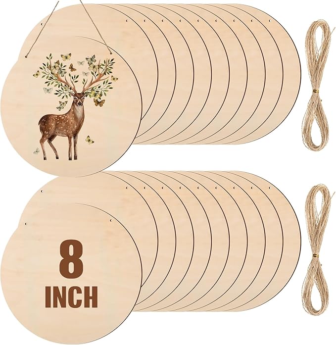 Suzile 20 Pcs Blank Wood Rounds Unfinished Wooden Crafts Signs Circles Discs for DIY Christmas Home Decor Painting Door Hanger Design(8 Inch)