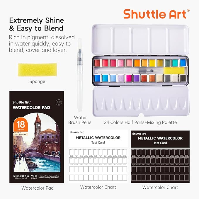 Metallic Watercolor Paints, Shuttle Art 24 Colors Glitter Watercolor Paint in Half Pans with Water Brush Pen Watercolor Pad &Mental Box, Art Supplies for WatercolorPainting, Illustrations, Calligraphy