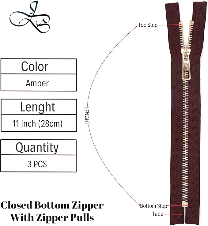 #5 Gold Metal Zipper - 50+ Colors - 3 PCS - (4-14 inches) Sizes - Luxury Lightweight Handcraft Metal Zippers with pulls for Purses Bags Pockets Shoes Sewing & Crafts DIY ZP024911