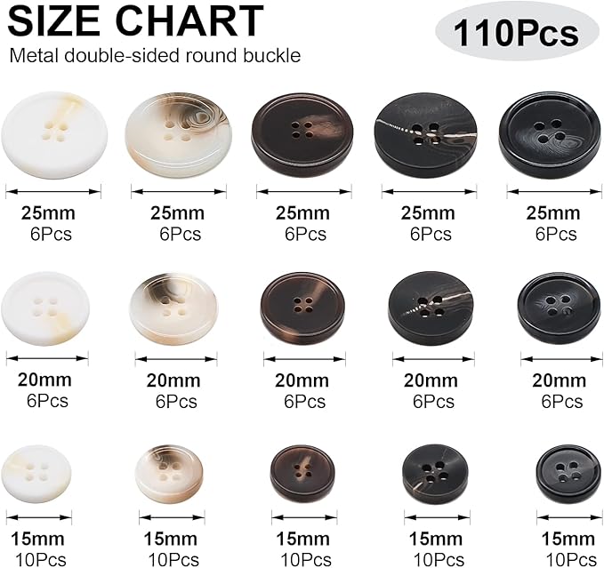 110Pcs Mixed Sewing Buttons, 4-Hole Craft Round Blazer Buttons, 5 Color 3 Size(15mm,20mm,25mm) Suit Coats Resin Button, Suitable for Variety Clothing Sewing, DIY Craft(White)