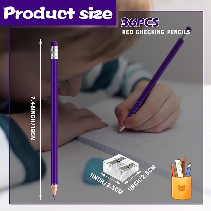 36 PCS Purple Checking Pencils Erasable Colored Pencils with Eraser Pre-Sharpened 2 HB for Checking, Grading, Tests & Office/School Supplies (Purple)