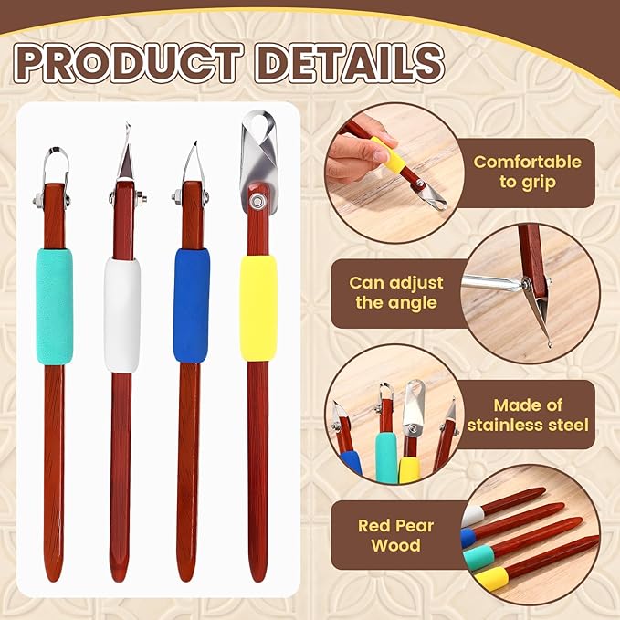 Lanties 4 Pcs Pottery Carving Tool Set Sculpture Scraper Craft Modelling Tools Red Pear Wood Texture Handle with Stainless Steel Blade for Clay Carving, Ceramic Sculpting, Graffito (Classic Color)