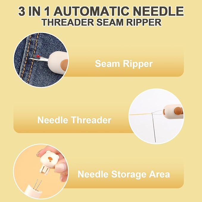 Automatic Needle Threaders Seam Ripper, Upgraded 3 in 1 Sewing Needle Threader Tool, Stretchable Quick Seam Rippers with Needle Storage for Hand Quilling, Embroidery Stitch Removal(Yellow)