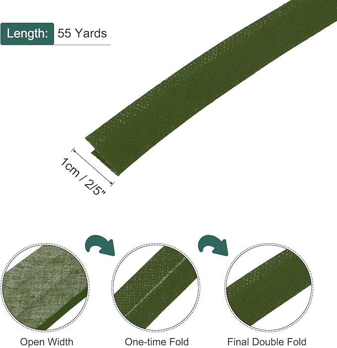 MECCANIXITY 2/5 Inch Double Fold Bias Tape Polyester Continuous Bulk Bias Tape for Sewing,Seaming Quilting Hemming Binding Crafts (Army Green 55 Yards)