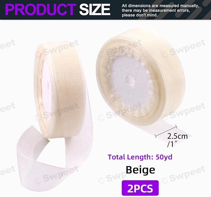 Swpeet 2 Rolls 50 Yards x 1 Inch Beige Shimmer Sheer Fabric Ribbons Organza Ribbon, Transparent Sheer Ribbon Chiffon Fabric Ribbons for Bouquets Wedding Birthday Decoration