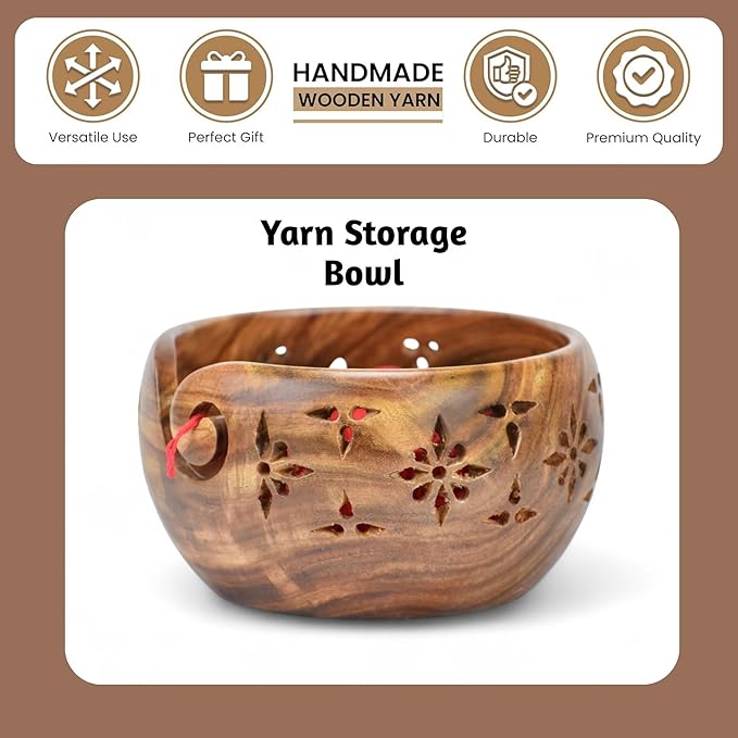 Large Yarn Bowl for Crocheting, Indian Rosewood Knitting Wooden Large Yarn Bowl Holder, Handmade Crocheting String Storage Holder, Knitting Crochet Accessories. (Brown)