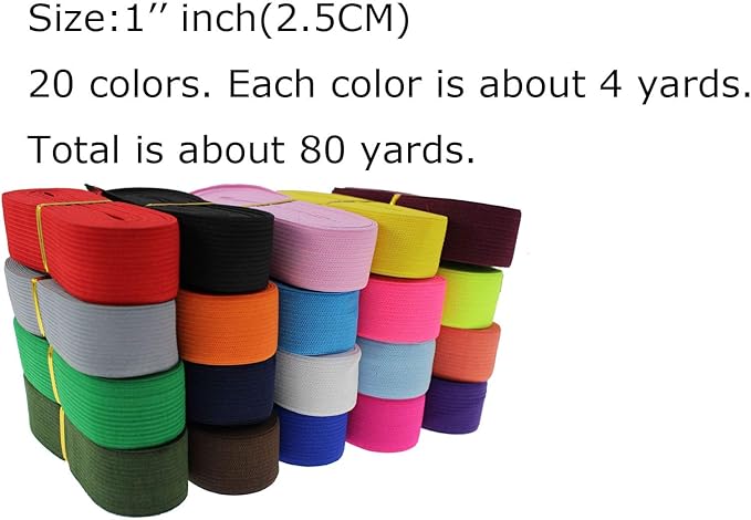Assorted-Color Knit Elastic Band Sewing 1 inch 80 Yards Wide Knit Elastic Straps Flat Heavy Stretch Elastic Band High Elasticity Knit Binding Tape Band for DIY Craft, Bedspread, Wigs & Waist(25mm)