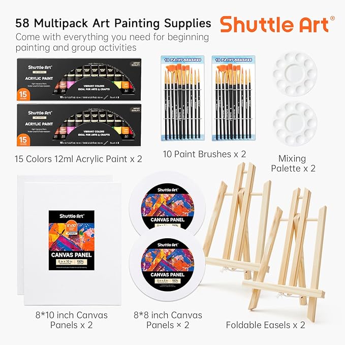 Shuttle Art 58 Pack Acrylic Paint Set, Painting Kit with 2 Pack of 15 Colors Acrylic Paint, 2 Sets of Wooden Easels, Canvas, Brushes & Palettes, Art Painting Supplies Kit for Adults Kids Beginner