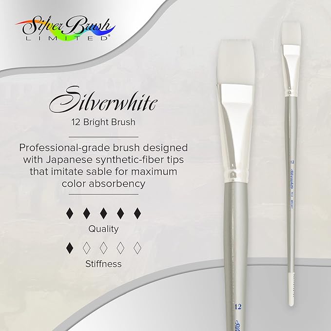 Silver Brush Limited 1502-12 Silverwhite Bright Paintbrush for Watercolor, Gouache, Inks, Dyes, Fluid, & Flow Acrylic, Size 12, Long Handle