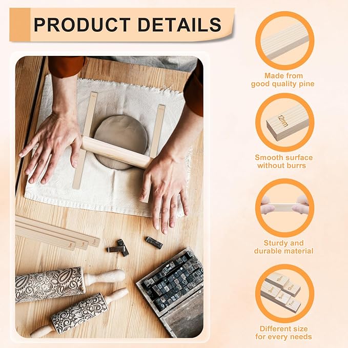 eZAKKA Pottery Teaching Rolling Mud Stick Guide, Wooden Clay Rolling Pin for Clay Tools, Pottery Tools with Clay Slab Roller & Clay Guides Sticks, 10+1Pcs