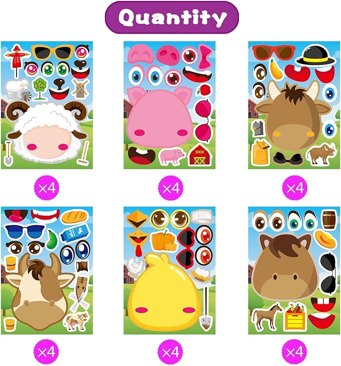 24 PCS Make-a-face Sticker Sheets Make Your Own Farm Animal Mix and Match Sticker Sheets with Sheep, Pigs, Cow and Chickens Kids Party Favor Supplies Craft