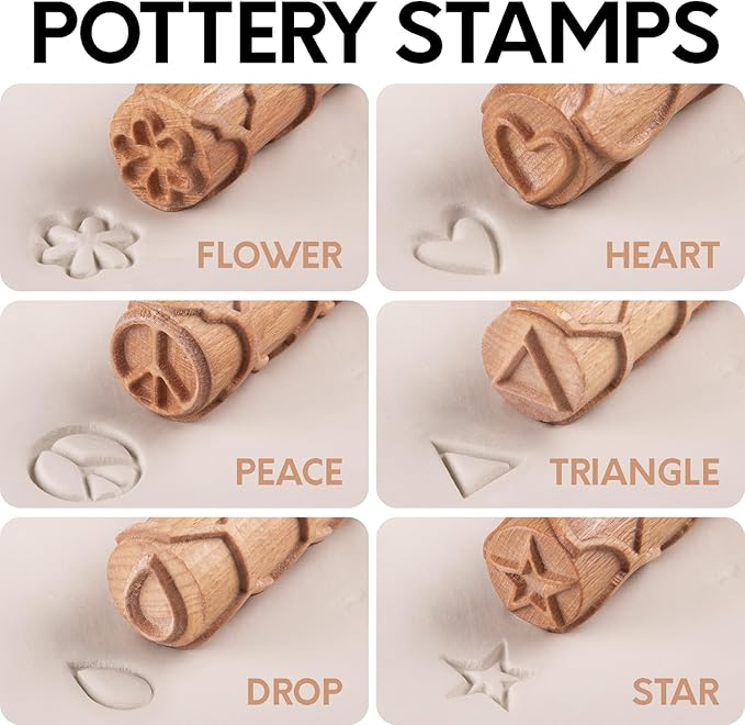 Byllstore Extra Large Clay Texture Rollers with Pottery Stamps | 3 Texture Rollers | 6 Clay Stamps | 3-Pack (9" x 1.2", 3 Pack)