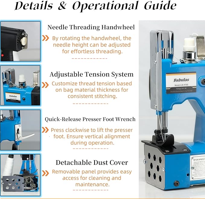 Bag Sewing Machine - 2s/bag Heavy Duty Portable Stitching Machine for Woven Bags, Non-Woven Fabrics, Leather | Warehouse & Farm Packing Tool (Blue, Corded - 110V AC)