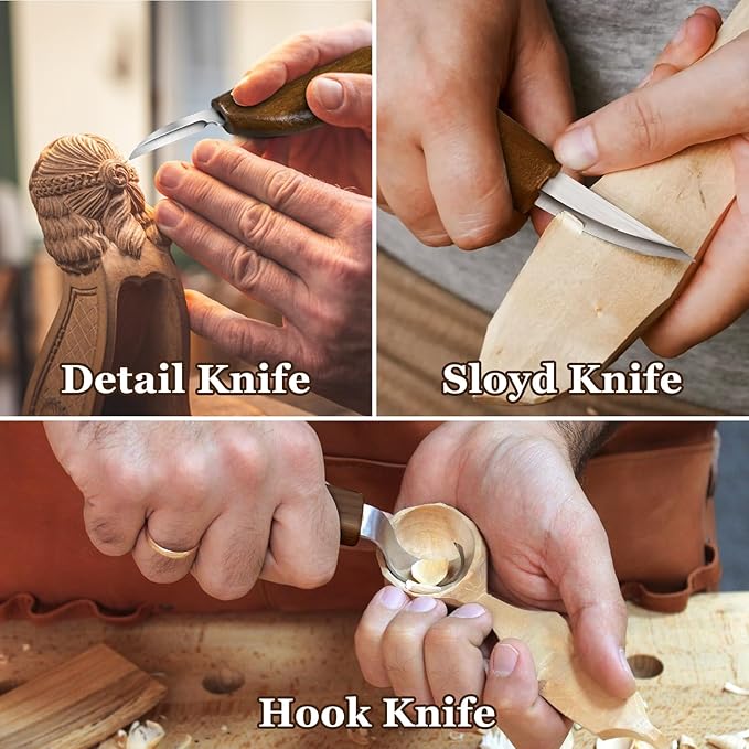WAYCOM 12pcs Wood Whittling Kit Wood Carving Tools Set Hook Carving Knife,Detail Wood Knife,Whittling Knife Cut Resistant Gloves Leather Sheath And Bamboo Present Box For Spoon,Bowl,Cup