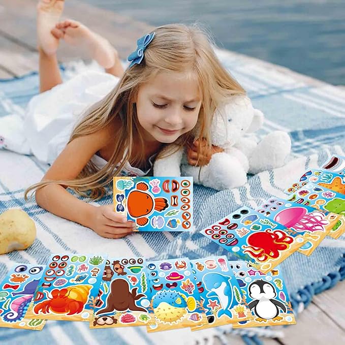 24PCS 8.26"x5.9" Ocean Stickers for Kids, Make Your Own Sea Animal Mix and Match Sticker Sheets, Make a Face Stickers, Summer Sticker for Kids 3-5 Birthday Party Favor, Teacher Reward