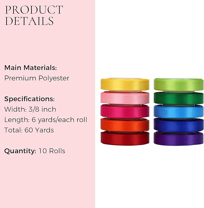 VATIN Rainbow Satin Ribbon Set 3/8 Inch x 10 Colors, Total 60 Yards,Double Faced Ribbon for Gift Wrapping Craft，Flower Bouquet,Women Hair Ribbons