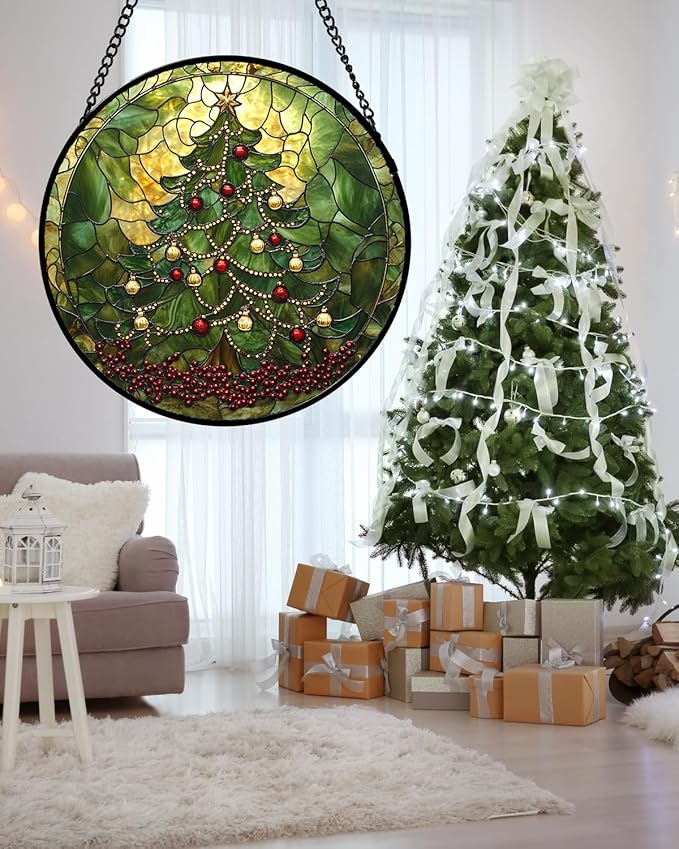 Stained Glass Window Hanging - Retro Green Christmas Tree Suncatcher for Doors Home Christmas Decoration Sun Catcher Thanksgiving New Year Birthday Gifts for Women Men Mom Nana 7.8 in