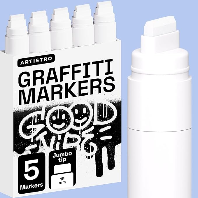 ARTISTRO 5 White Paint Pen for Glass Marking, Rock Painting, Ceramic, Wood, Tire, Fabric, Metal, Canvas - Set of 5 Acrylic Paint Markers Water-based - Jumbo Tip