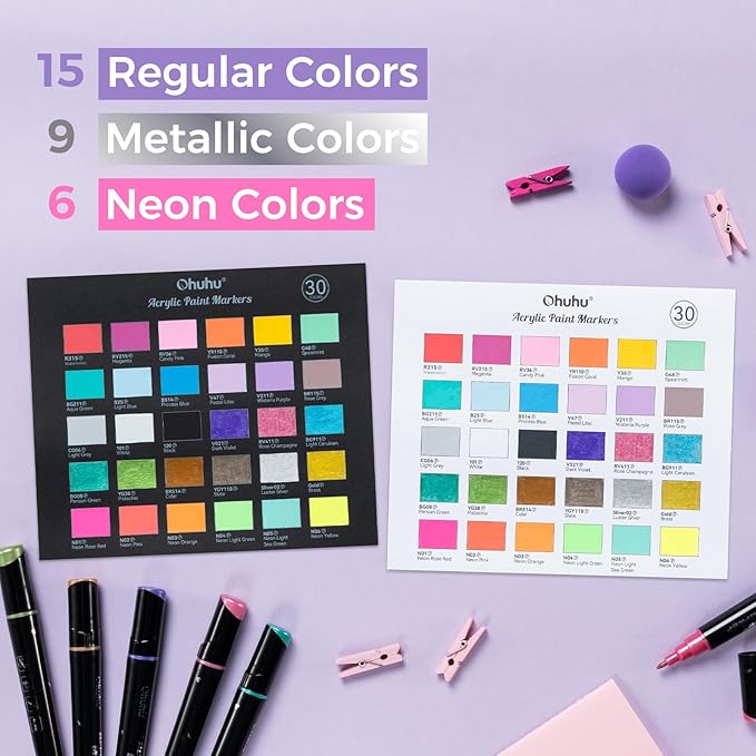 Ohuhu Acrylic Paint Pens 30 Colors: Dual Tips (Round & Fine) Acrylic Markers High Opacity Paint Markers Waterproof Lightfast for Rock Painting Easter Eggs Wood Glass Ceramic Canvas - Kakaako