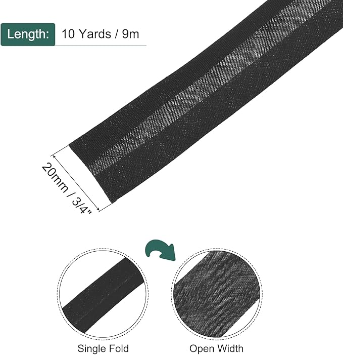 MECCANIXITY 3/4 Inch Single Fold Bias Tape Polyester Continuous Bulk Bias Tape for Sewing, Seaming Quilting Hemming Binding Crafts (Black 10 Yards)