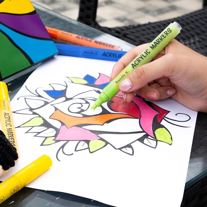 Bandle B. Acrylic Paint Markers – Set of 12 Paint Pens for Art, Fabric, Coloring, and Journaling–Quick-Drying, Waterproof, Non-Toxic, Reversible Chisel-Dot Tip